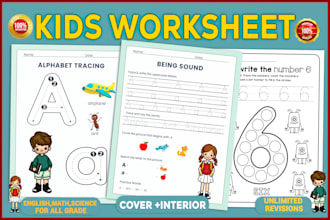 design english math, science worksheet, kids activity tracing workbook for kids