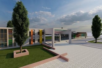 visualize 3d high school,exterior playground,cgi university rendering,3d hostel