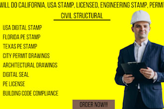 do california, USA stamp, licensed, engineering stamp, permit, and drawings