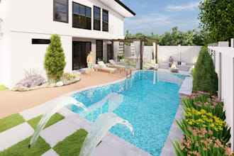 design backyard, landscape, patio, pergola, garden, pool, outdoor kitchen, deck