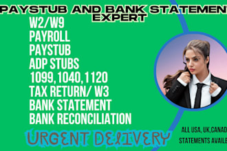 make paystubs, check stubs, 1120, w2, w3, w9 and bank reconciliation for you