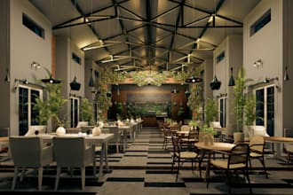 render 3d interior restaurant, bar, coffee shop, cozy cafe restaurant, wine room