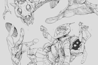 design any type of robot, cyborg, armor or mecha in line art