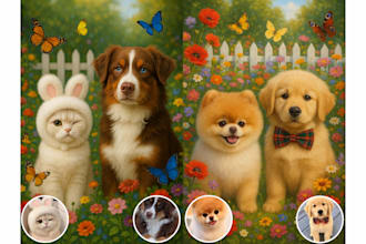 create a custom pet portrait in a colorful garden scene