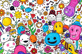 design hand drawn doodle art, line art, wall art, mural and nft art decal