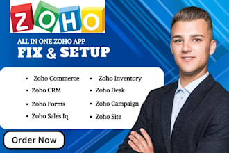 setup zoho crm commerce inventory desk sites forms zoho books social one creator