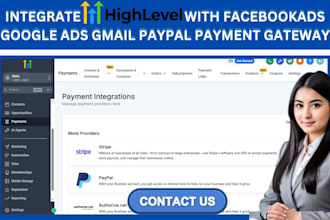 integrate gohighlevel with facebookads google ads gmail paypal payment gateway