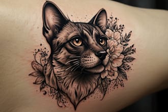 do stunning line art pet tattoo design with flowers