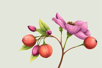 do beautiful digital botanical illustrations of flowers, fruits, and plants