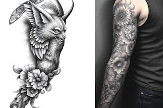 create a custom tattoo design , tattoo sleeve in realism