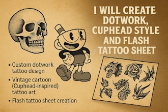 design a custom dotwork tattoo, create flash tattoo and cuphead style sheet