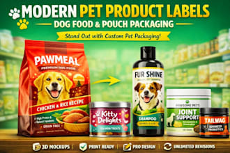 design modern pet product label, dog food product packaging and pet pouch design