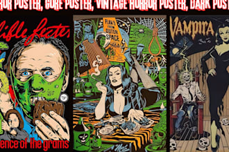 do 70s 80s vintage horror poster, gore movie poster music album cover design