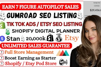 do etsy seo, 90k shopify digital planner gumroad listing tiktok ads etsy pod
