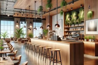 do realistic 3d cafe interior, cafe design, restaurant design