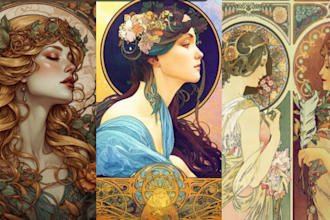 draw illustrations in art nouveau style vintage portrait poster, art deco