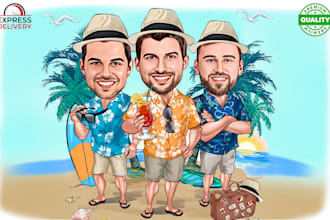 create a beach caricature, bachelor party caricature for you