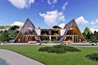 redesign 3d farm space,cgi beach area, realistic guest house, pergola, blender