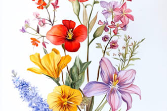 make watercolor botanical illustration of flowers, plants