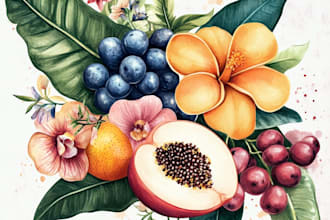 create a digital watercolor botanical illustration of flowers, plants, fruits