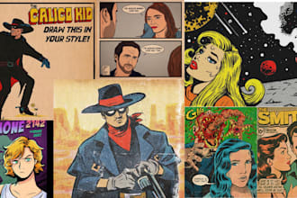 draw comic pages, manga, storyboard, retro comic cover, book illustration