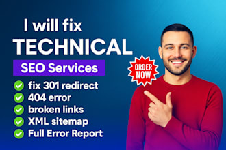 fix 301 redirects, 404 errors, broken links, and XML sitemap