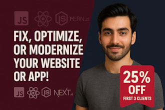 fix, optimize, or modernize your website or app js, react, CSS, HTML, nodejs
