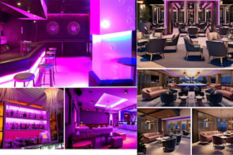 do realistic 3d lounge bar interior an exterior design, nightclub