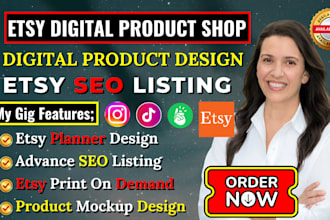 setup etsy shop etsy digital product design etsy planner, etsy seo listings