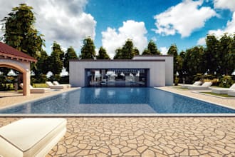 do modern villa, resort, patios, pool, model and rendering exterior design
