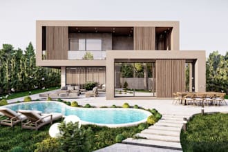 custom 3d landscape design environment, backyard, garden, pool, patio rendering