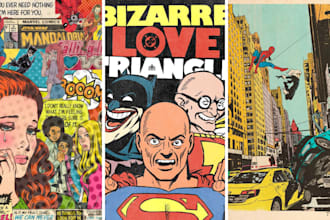 draw retro comic page, vintage poster, hand drawn pop art, 70s 80s comic art