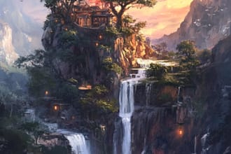 illustrate environments, landscapes, board game, concept art