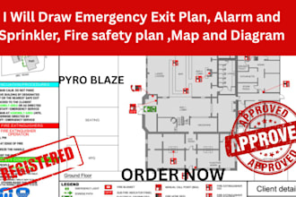 draw emergency exit plan, alarm and sprinkler, fire safety plan ,map and diagram