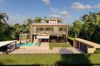 refurbish 3d villa, render cgi beach house,garden, patio resort, exterior design