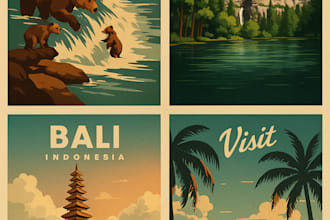 retro modern travel poster landscape illustration art deco portrait illustration