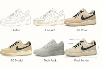 design custom 3d footwear and sneaker concepts with sketches and tech packs