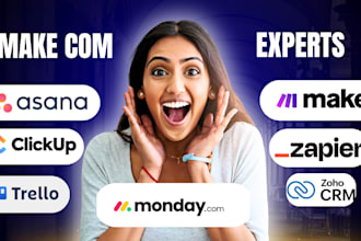 do make com monday, crm, zoho, wrike, clickup, asana, trello, hubspot, zapier