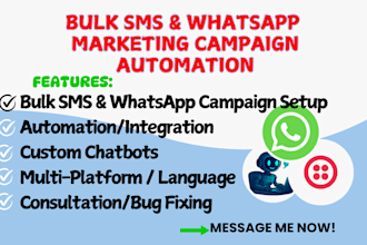 setup bulk sms whatsapp api campaigns, chatbot via twilio make zapier automation