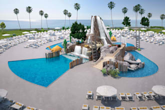 outdoor garden redesign, park rendering, landscape, pool patio,resort,urban city