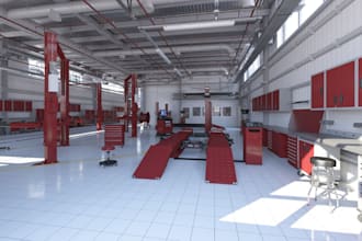 do realistic 3d design and rendering for auto repair workshop and service garage