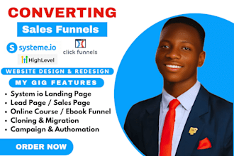 build sales funnel in clickfunnels, systeme io, gohighlevel landing page design
