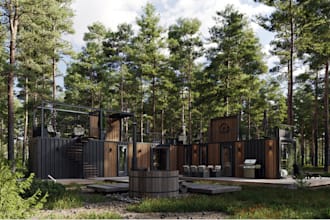 do container farm house exterior render,3d elevation design,roof top terrace,cgi
