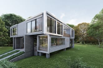 buildup container retreat design,garden patio,play area,forest model,corona, cgi