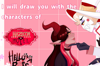 art of the characters from helluva boss and hazbin hotel with you as a couple