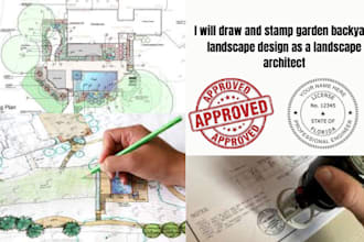 draw and stamp garden backyard landscape design as a landscape architect