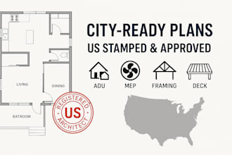 design stamp architectural, mep, framing, deck and adu plans for city permit USA
