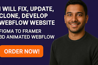 fix, update, clone develop webflow website figma to frameer, 3d animated webflow