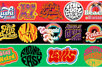 design 70s retro, hippie, psychedelic, funky font typography logo
