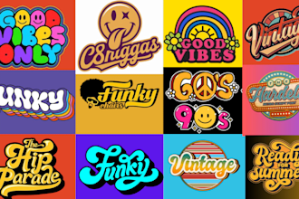 design 70s retro, hippie, psychedelic, funky font typography logo